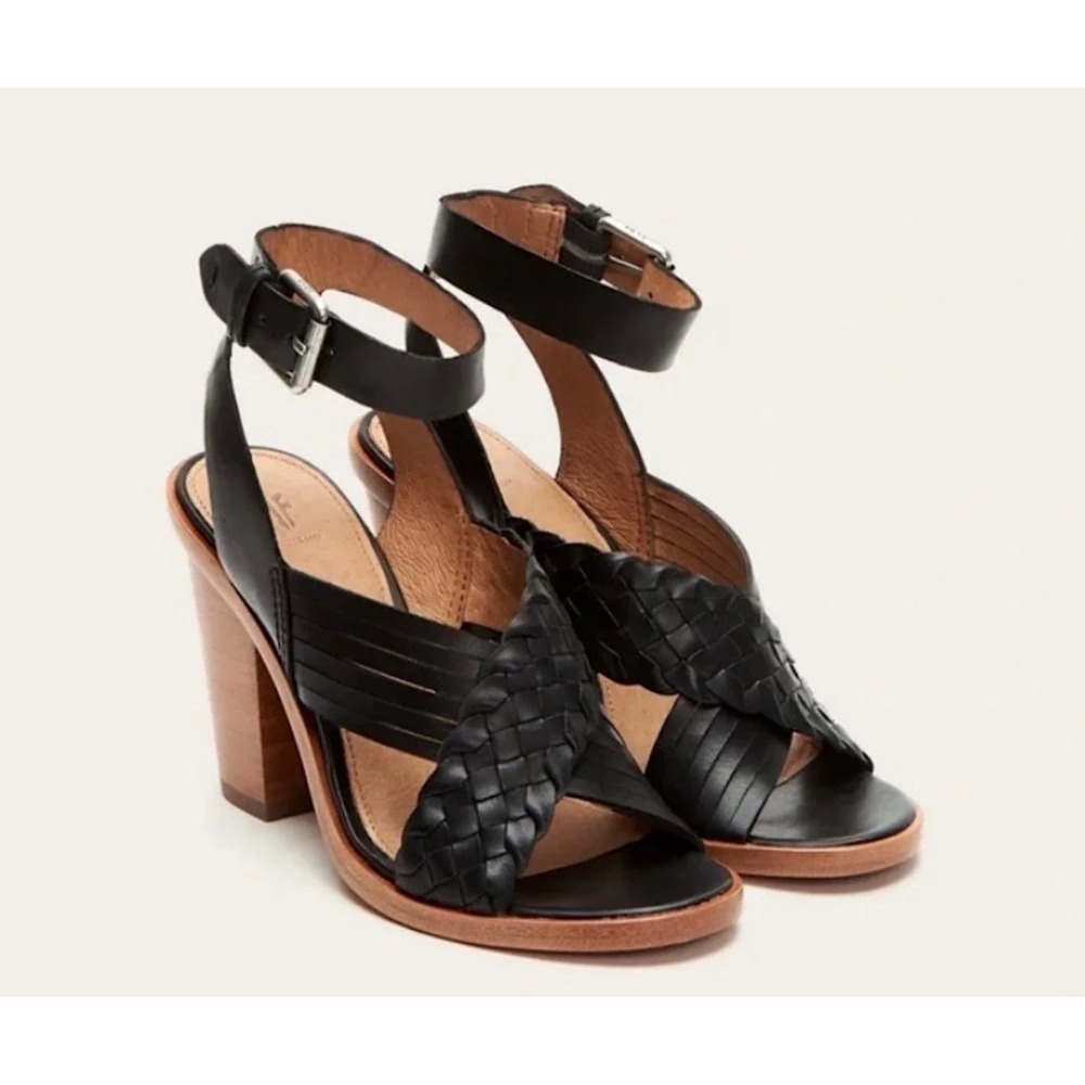 Frye Heeled Sandals Sara Women  6.5 Black Strappy Braided Leather Criss Cross